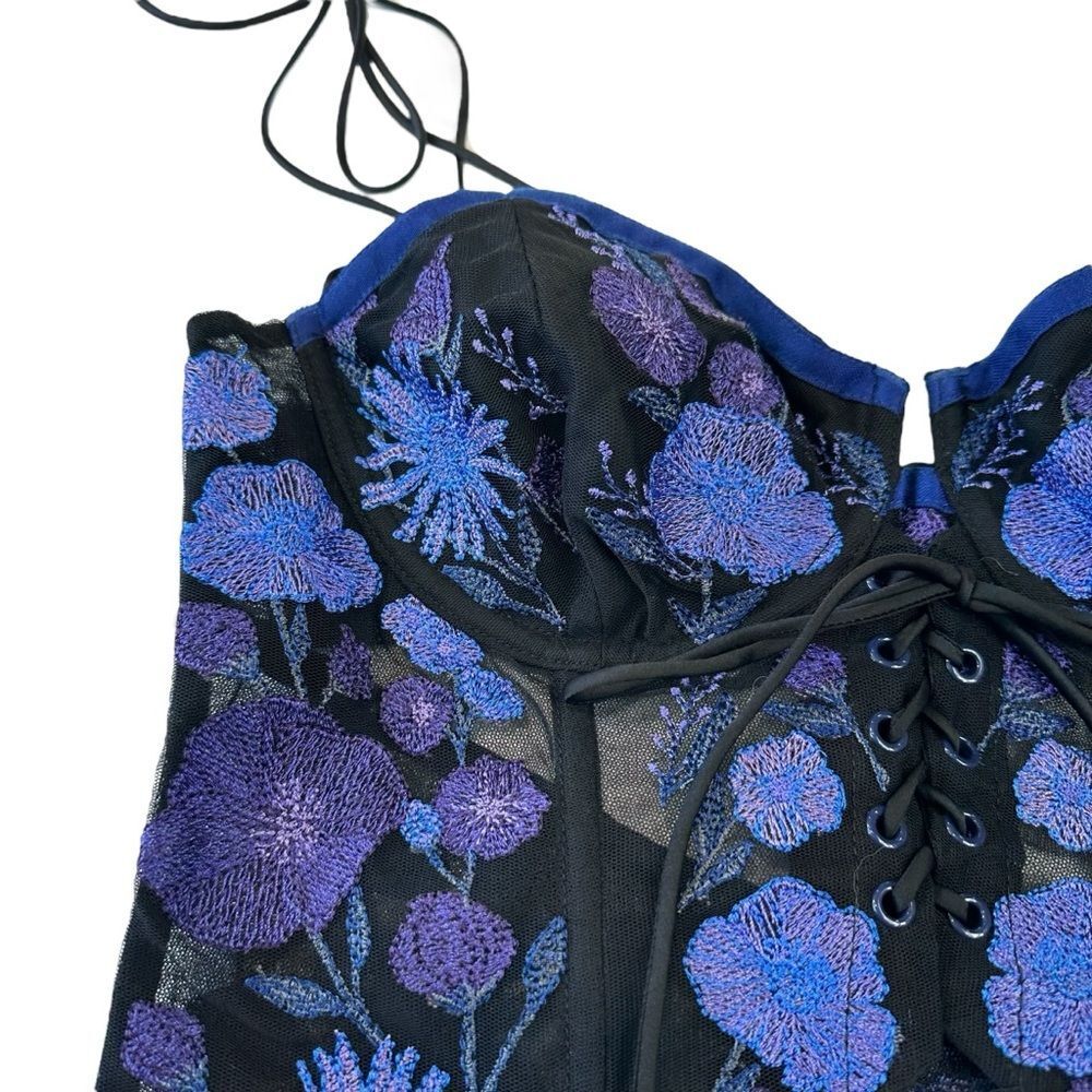 For Love And Lemons Kaylee Crop Top Black and Blue Floral Corset Bra, M - Picture 6 of 11